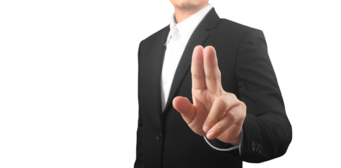 hand pressing touchscreen button points his finger