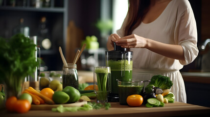 Woman juicing making green juice with juice machine in home kitchen. Healthy detox vegan diet with vegetable cold pressed extractor to extract nutrients for smoothie drink. generative ai.