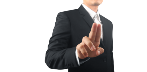 hand pressing touchscreen button points his finger