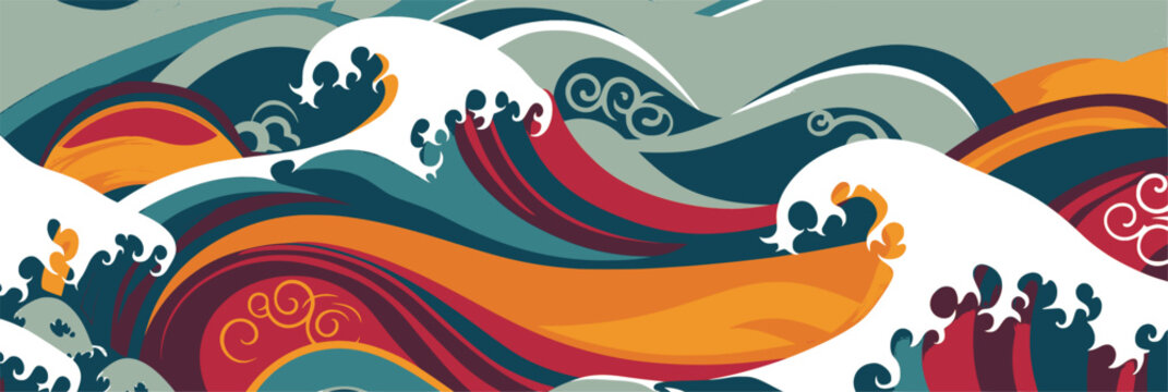 Waves in tropical colors and asian patterns, banner for Asian American and Pacific Islander Heritage Month (APAHM) in may	