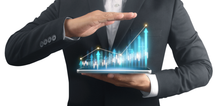 Businessman plan graph growth and increase of chart positive indicators ,tablet in hand