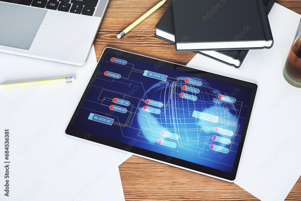 Aufkleber abstract creative coding illustration with world map on modern digital tablet display, international
