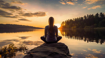 silhouette female person practicing meditation in a peaceful environment enjoys a moment of relaxation, calm, health and harmony as the sun sets over a calm lake