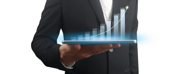 Businessman plan graph growth and increase of chart positive indicators ,tablet in hand