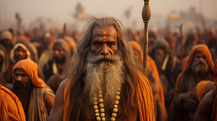 Indian sadhu man at Kumbha Mela festival - obrazy, fototapety, plakaty