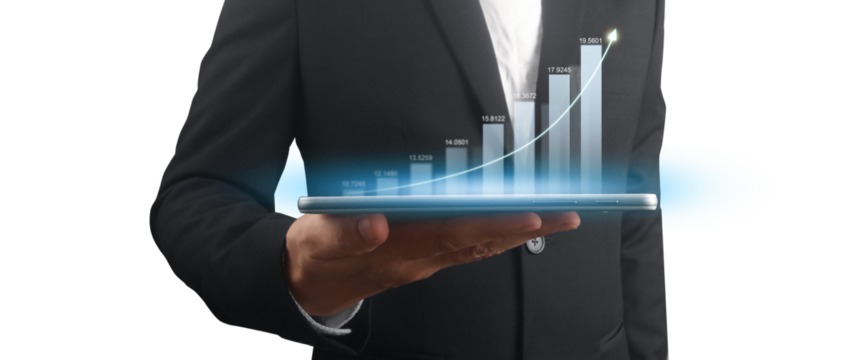 Businessman plan graph growth and increase of chart positive indicators ,tablet in hand