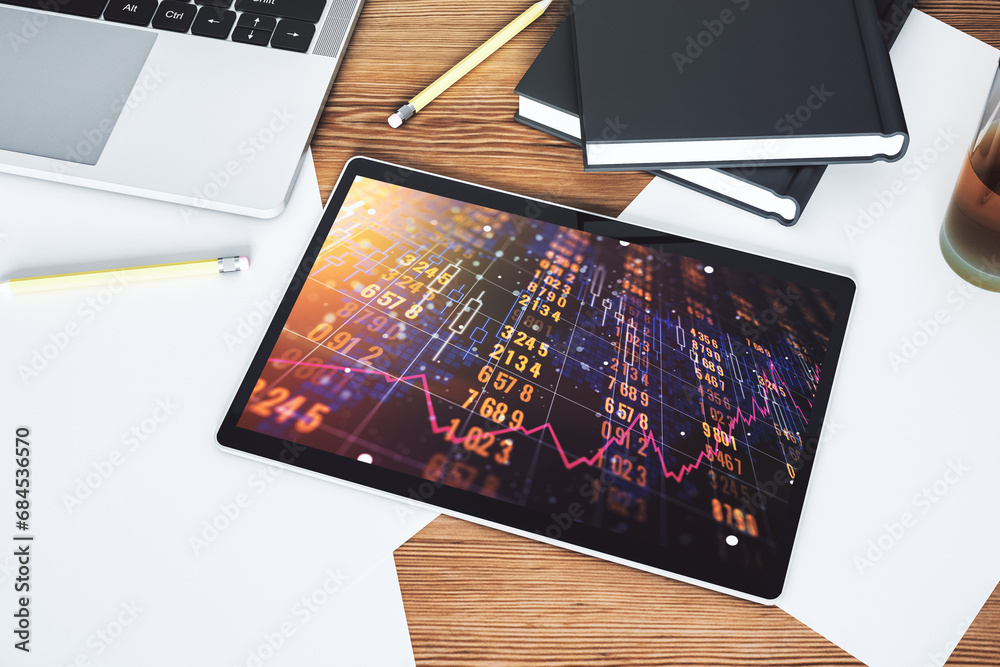 Aufkleber top view of modern digital tablet screen with abstract graphic data spreadsheet sketch, analytics an