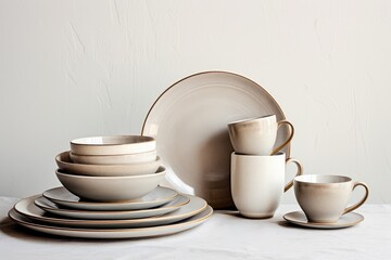 Obraz premium The rustic kitchen furnishings with vintage style ceramic bowls, plates and cups create a charming and nostalgic atmosphere.