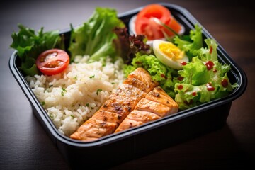 Healthy lunch: grilled fish, fresh vegetable salad and nutritious side dishes - a delicious and balanced lunch.