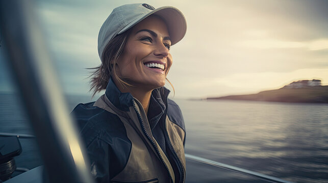 At the stern of the motorboat happy female captain was sailing the calm sea behind her