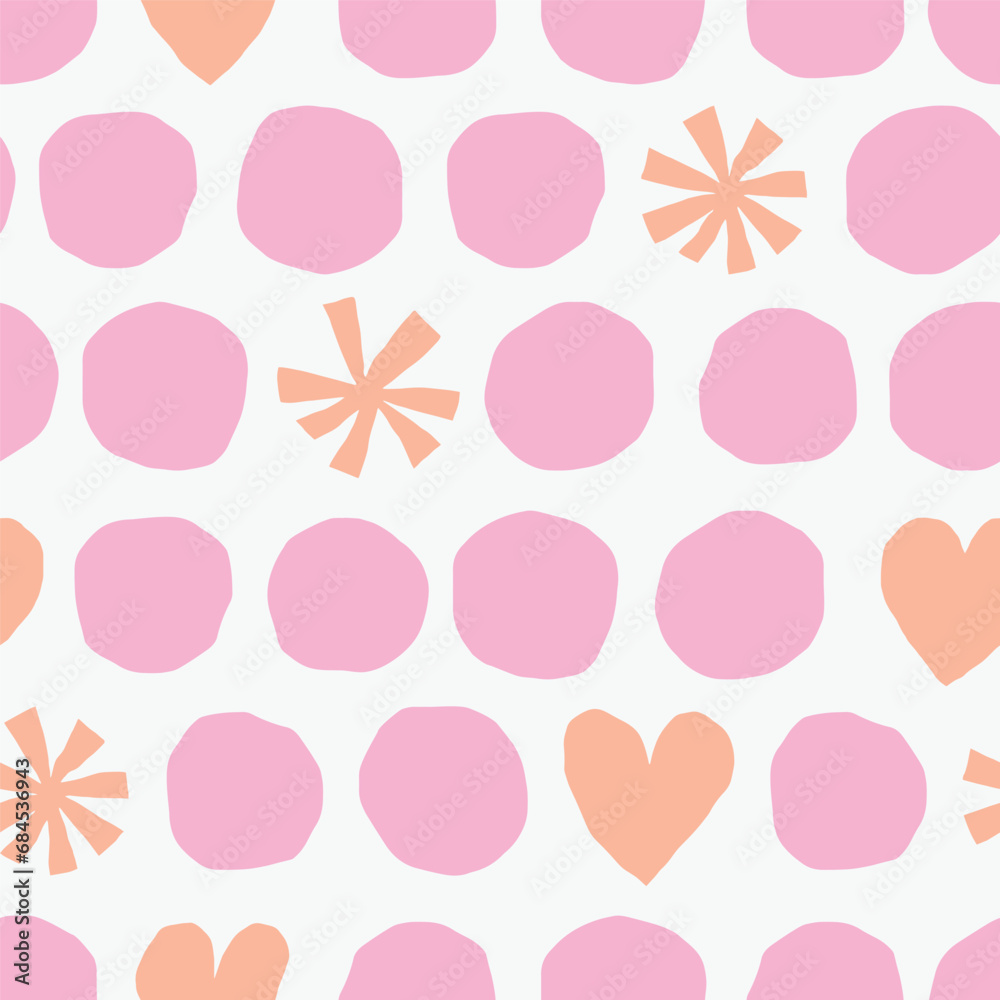 Wall mural cute seamless pattern with circles, snowflakes and hearts. colourful vector texture with different s