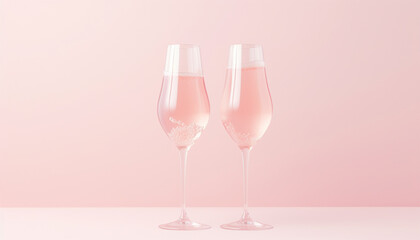 Two pink champagne glasses on a two tone pastel background. Celebration minimal concept copy space. Golden festive background. minimalism,romantic style