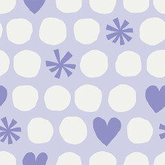 Cute seamless pattern with circles, snowflakes and hearts. Colourful vector texture with different shapes