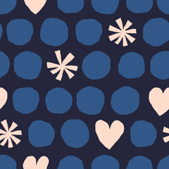 Cute seamless pattern with circles, snowflakes and hearts. Colourful vector texture with different shapes - 684536914