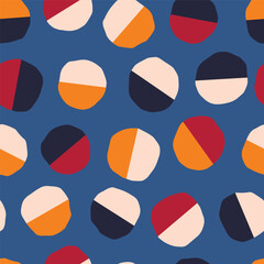 Playful geometrical seamless pattern with colourful round shapes. Cute vector texture with half coloured balls. Creative modern background