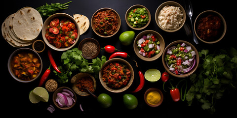 Traditional Thai food on dark background Oriental food concept Top view flat lay panorama,A plate of food with different foods on a black background. generative AI