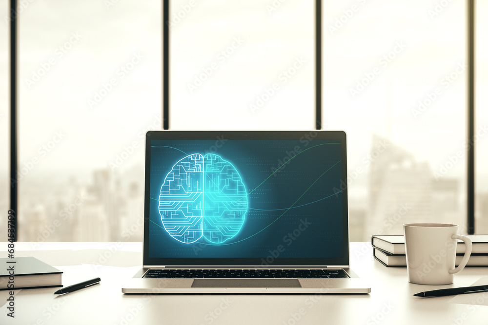Fototapete modern computer monitor with creative artificial intelligence symbol. neural networks and machine le