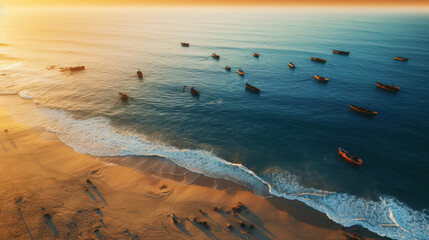 Aerial view of the fishing boats on tropical sea