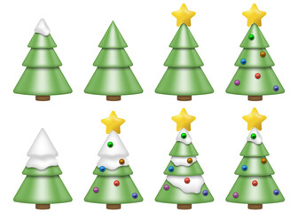 Set of 3d realistic Christmas tree with shadow isolated on white background. Vector illustration.