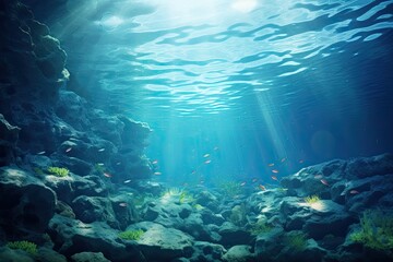 Naklejka na ściany i meble An underwater scene showing a bright and clear blue sea with rays of sunlight penetrating the water, creating a beautiful play of light on the ocean floor.