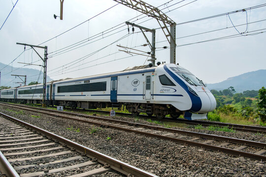 Pune, India - November 26 2023: The Solapur Mumbai Vande Bharat Express train heading towards Mumbai, near Pune India.