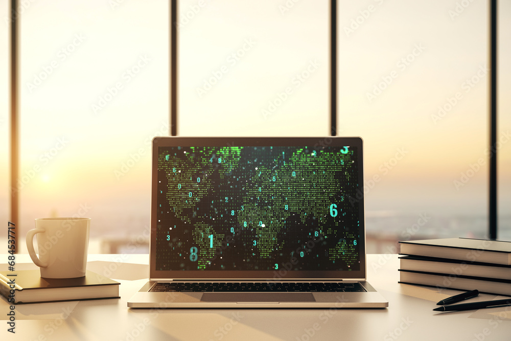 Aufkleber Modern computer display with abstract software development hologram and world map, global research and analytics concept. 3D Rendering