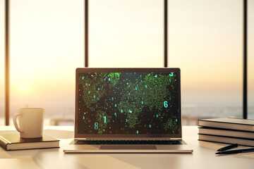 Modern computer display with abstract software development hologram and world map, global research and analytics concept. 3D Rendering