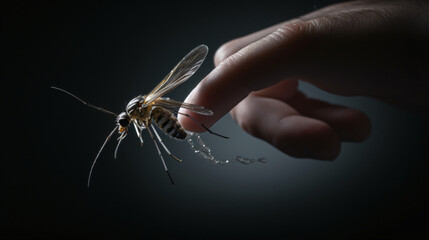 Close-up of a female mosquito landing on human - obrazy, fototapety, plakaty