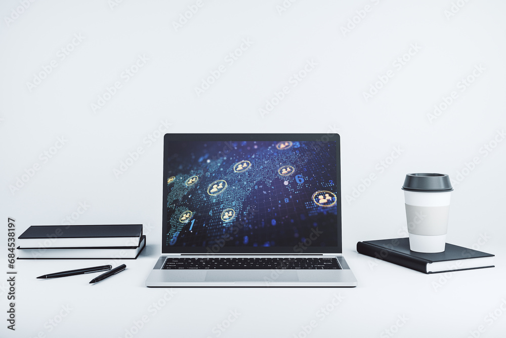 Leinwandbilder Modern computer monitor with social network icons concept with world map. Marketing and promotion concept. 3D Rendering