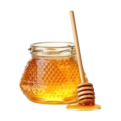 Glass jar with honey and wooden spoon on a cutout PNG transparent background