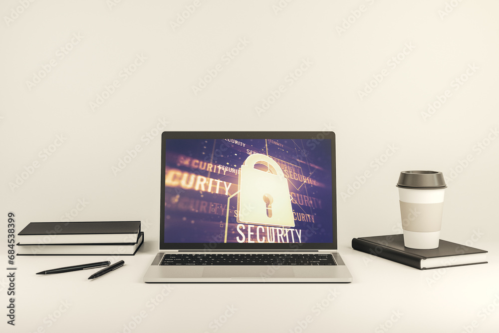 Aufkleber Modern computer monitor with creative lock hologram and chip. Information security concept. 3D Rendering