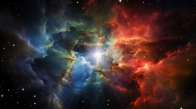background of a huge shining nebula galaxy in the sky symbolizes the blossoming of love between Orion and Seraphim colorful and bright, green blue and orange