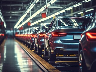 Automobile production line with a perspective of cars in assembly.
