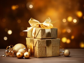 Festive background with gifts, golden ribbons, and Christmas ornaments.