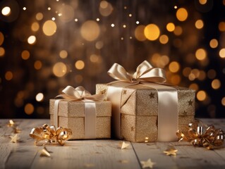 Festive background with gifts, golden ribbons, and Christmas ornaments.