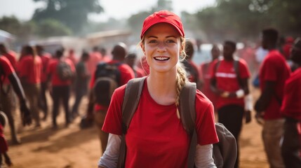 community of volunteers in red shirts helping people in africa - obrazy, fototapety, plakaty