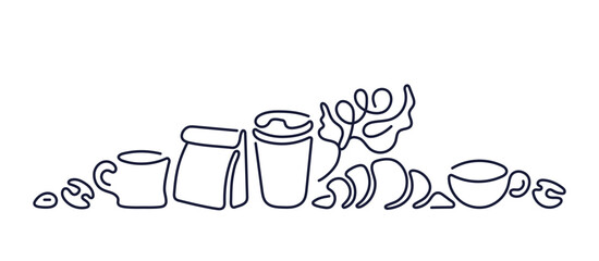 Coffee line logo. Cup, beans, croissant, takeaway