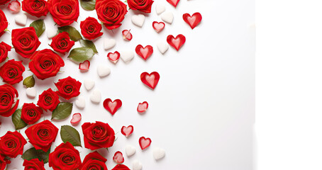 Bouquet of red roses and hearts on white background. Valentine's day, banner format. Place for text.