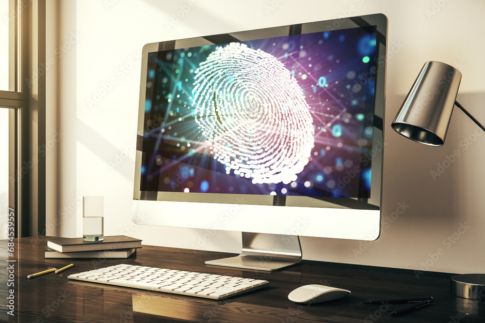 Fototapete Modern computer display with abstract graphic fingerprint sketch, fingerprint scan data concept. 3D Rendering