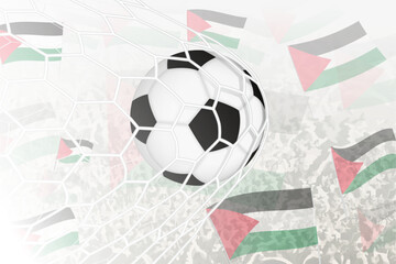 National Football team of Palestine scored goal. Ball in goal net, while football supporters are waving the Palestine flag in the background. - obrazy, fototapety, plakaty