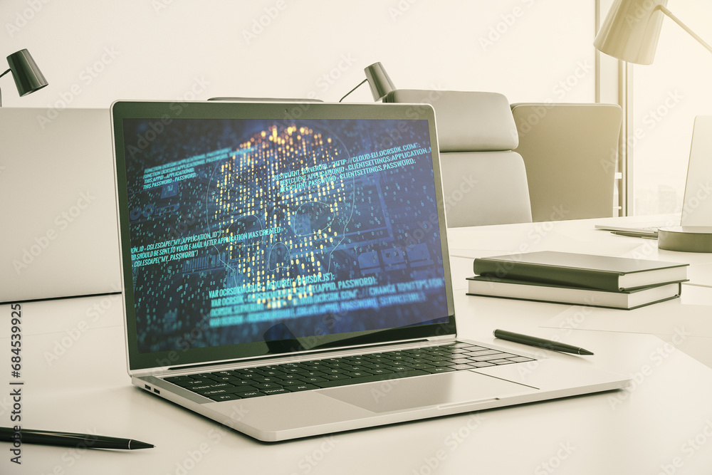 Aufkleber Creative concept of code skull illustration on modern laptop screen. Hacking and phishing concept. 3D Rendering