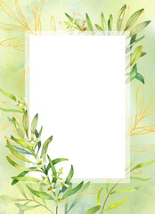 Watercolor olive frame in luxury design with a white background.