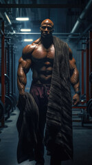 male bodybuilder standing and holding a towel in a gym created with Generative AI Technology