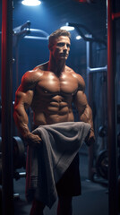 Fototapeta na wymiar male bodybuilder standing and holding a towel in a gym created with Generative AI Technology