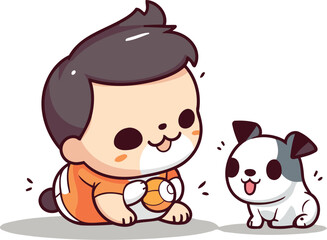 Cute little boy playing with his dog vector character design