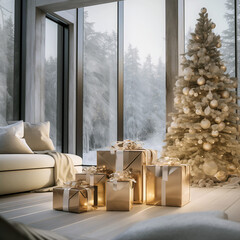 Decorated Christmas tree with several gift boxes decorated in gold and a sofa next door with a beautiful view outside