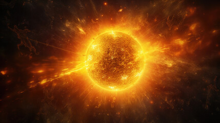big yellow sun glowing in space constellation stars rays of light 