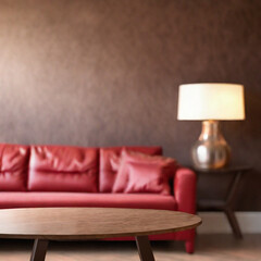 table for products display with grand sofa and lamp background