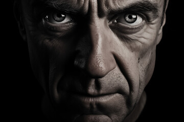 Obraz premium Intense Emotion: A Captivating Monochrome Portrait of a Mature Man Against a Black Background, Piercing Gaze Reflecting Strong Feelings and Emotions