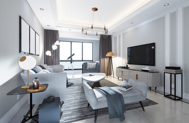 The modern luxury interior of the living room is bright and clean. 3D illustration